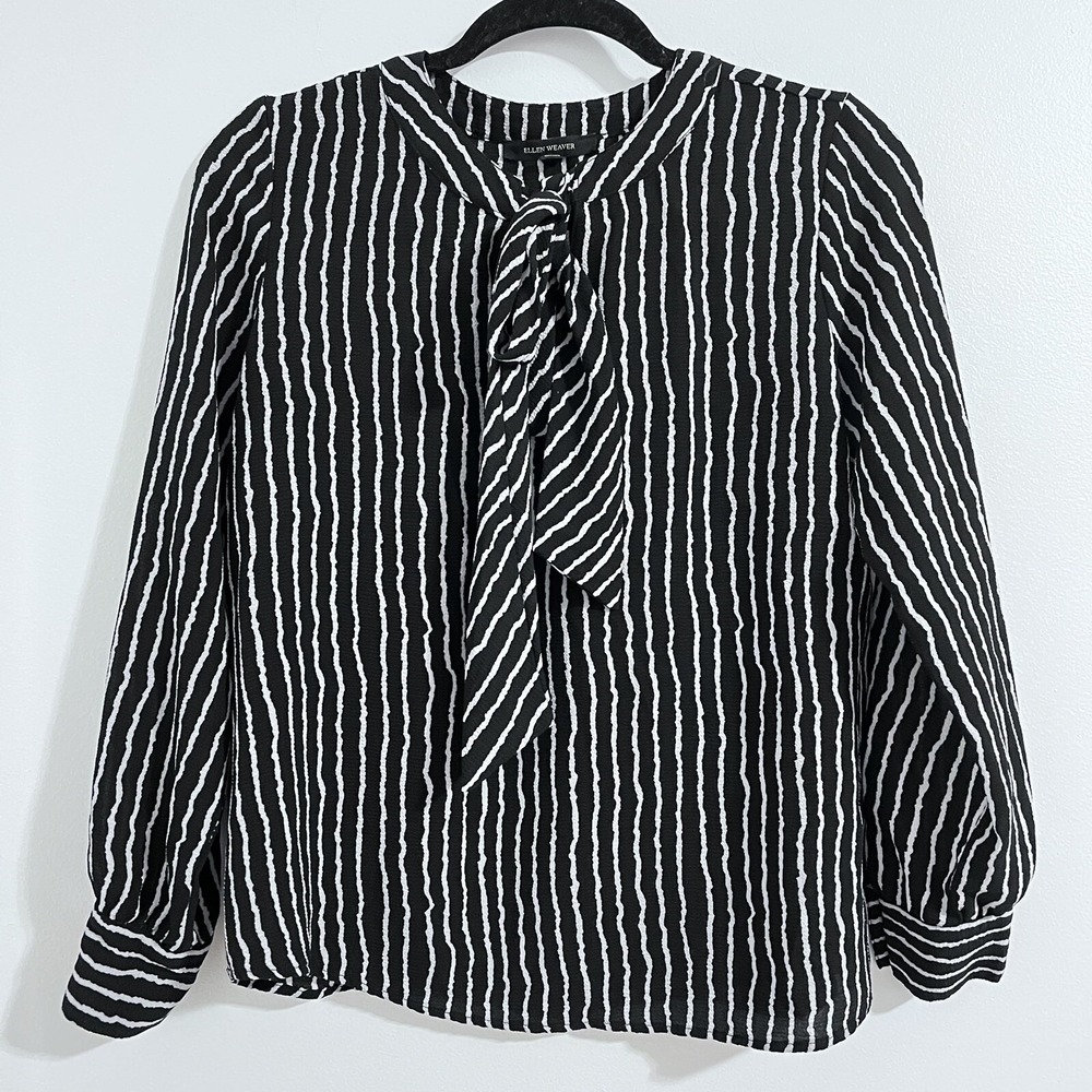 Ellen Weaver Black Striped Blouse Size Small Long Sleeve Workwear Peasant Light